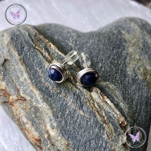 Blue Sapphire Silver Wire Wrap Stud Earrings